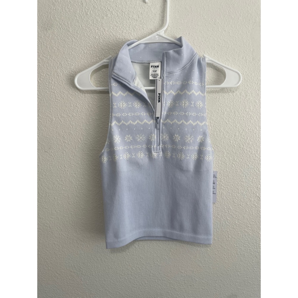 NWT PINK Victoria's Secret Half-Zip Tank Womens Small Blue Fair Isle‎ Snowflake